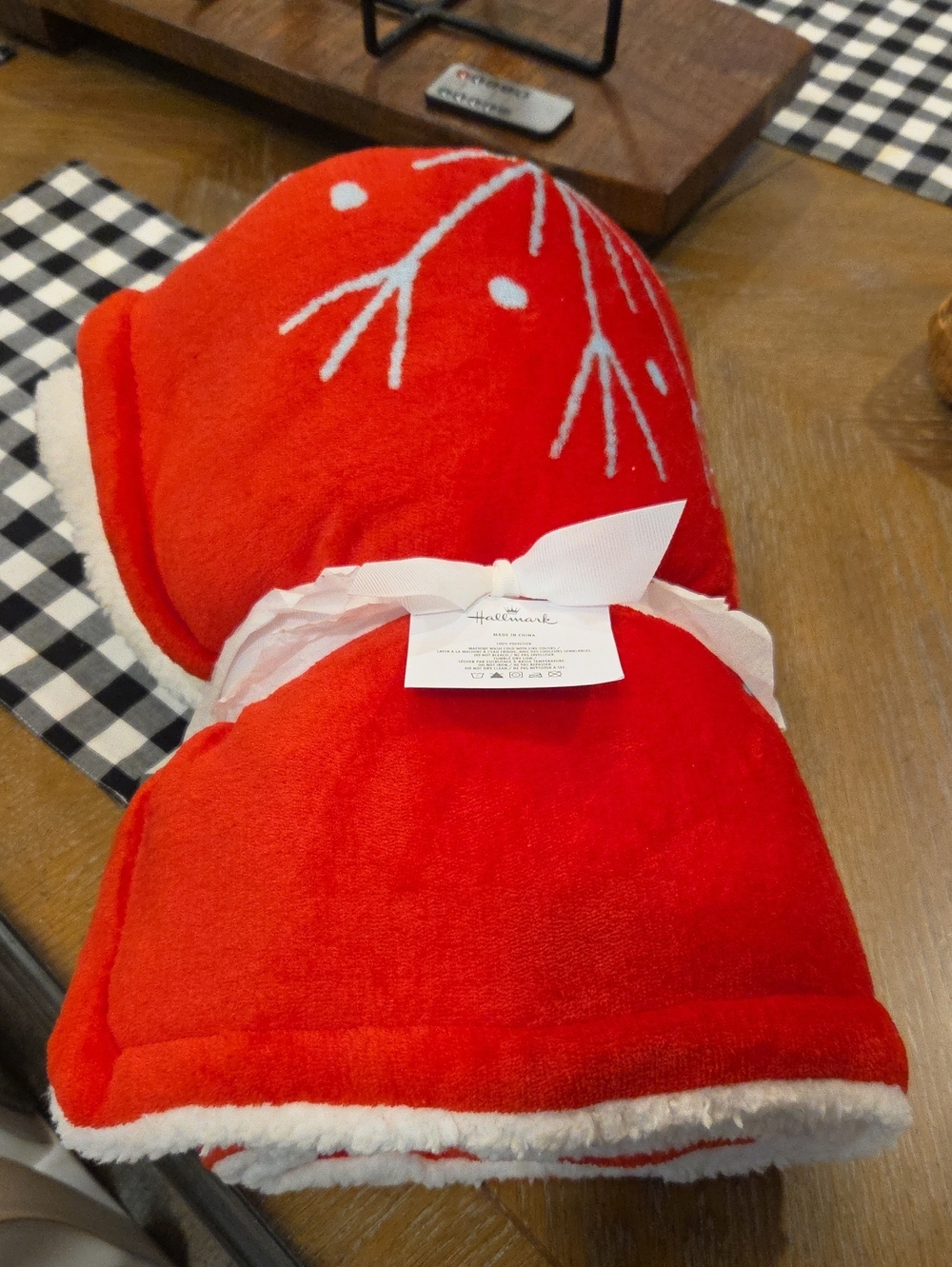 Hallmark Red Accent Throw Blanket with White Trim and Branch Motif